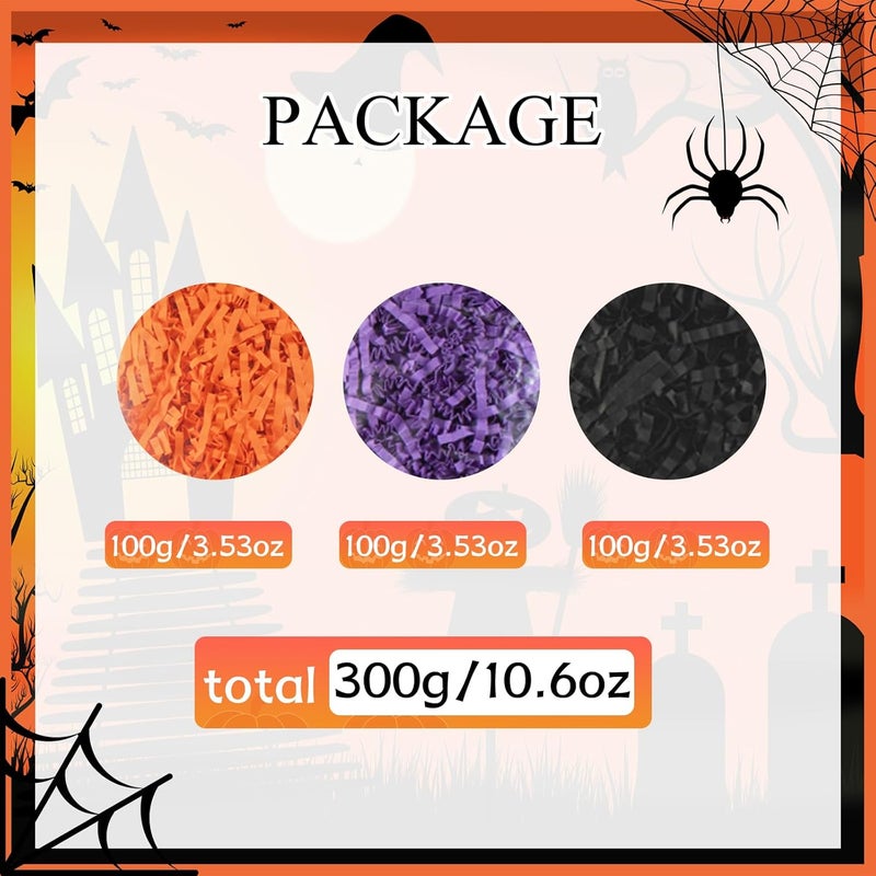 Gloreyan 3 Colors Halloween Crinkle Cut Paper Shred, Black Orange Purple Raffia Paper Sherd Filler Grass for Gift Wrapping Basket Filling Birthdays Weddings Party Supply（10.6 oz） - Image 2